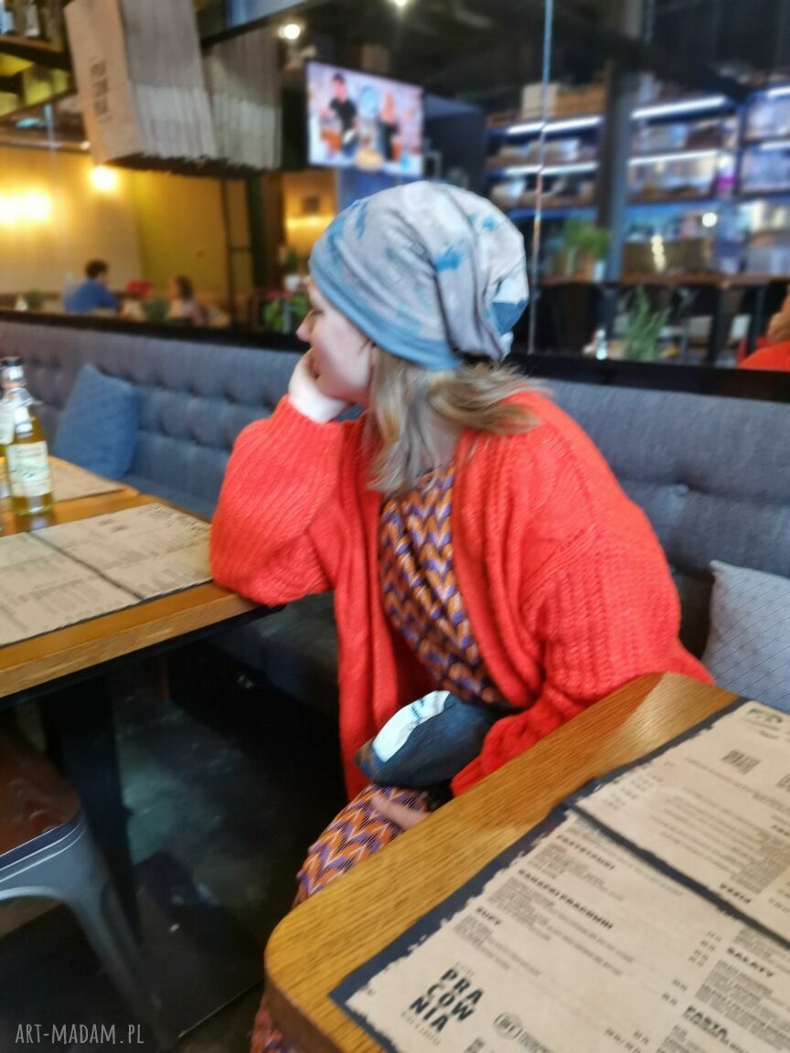 Czapka Smerfetka boho etno folk - ręcznie farbowana na podszewce