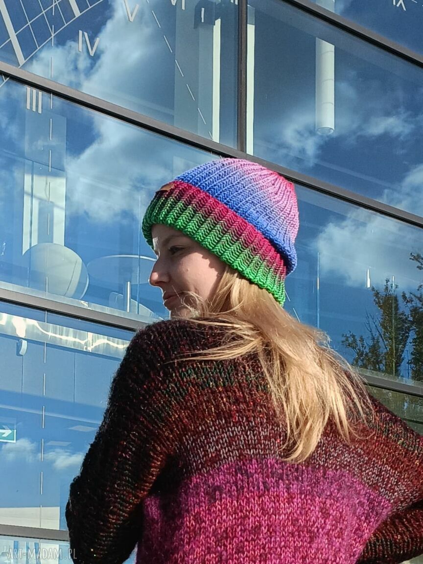 Kolorowa czapka reinbow z merynosa 100% - ręcznie robiona na drutach