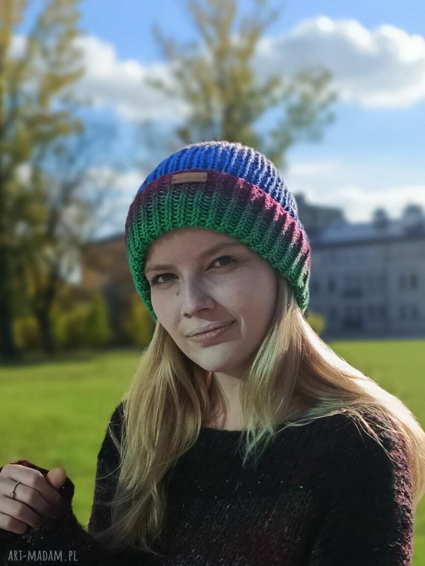 Kolorowa czapka reinbow z merynosa 100% - ręcznie robiona na drutach