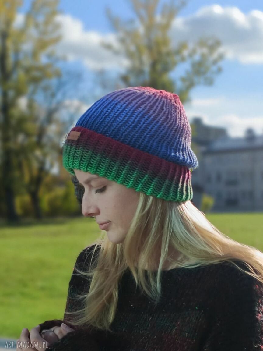 Kolorowa czapka reinbow z merynosu na drutach - handmade prezent (52-58 cm obwodu)