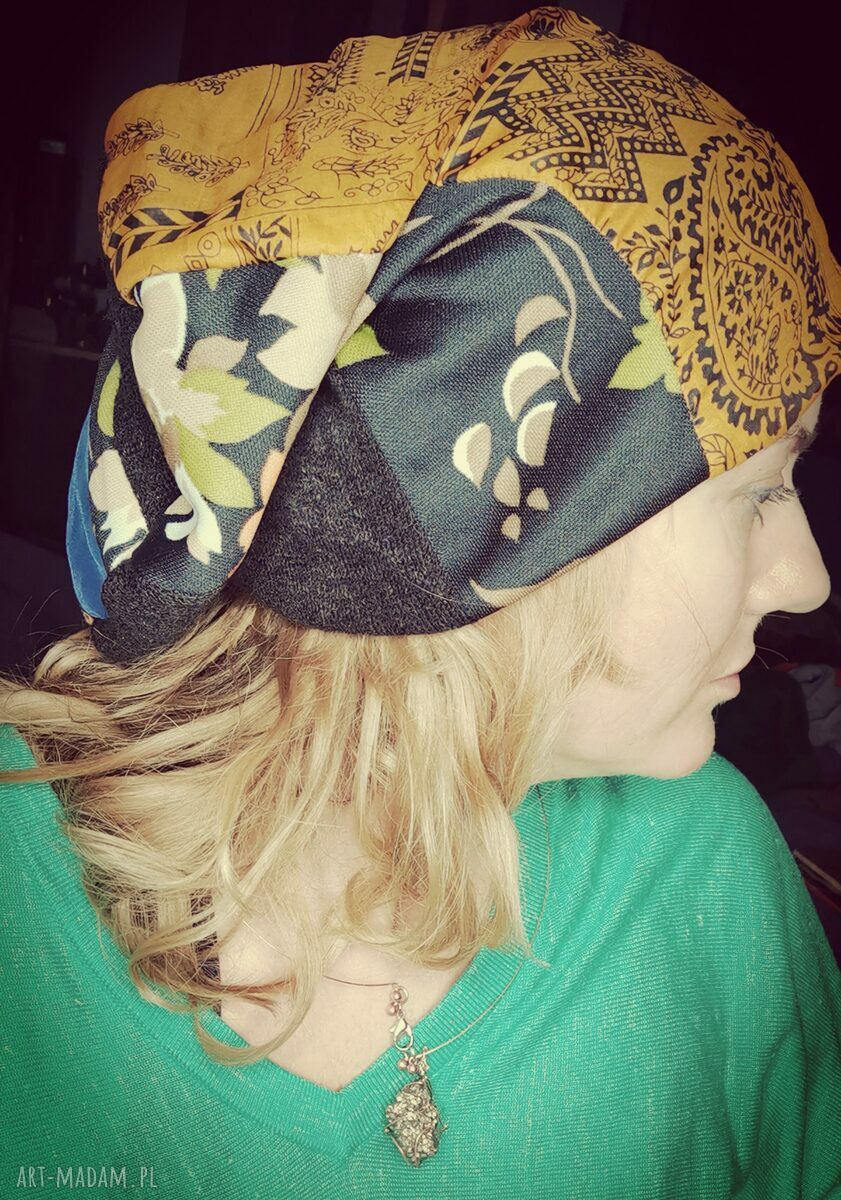 Czapka wiosenna boho folk Frida - patchwork i frędzle (rozmiar uniwersalny)