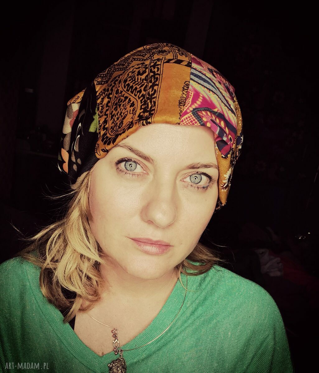 Czapka wiosenna boho folk Frida - patchwork i frędzle (rozmiar uniwersalny)