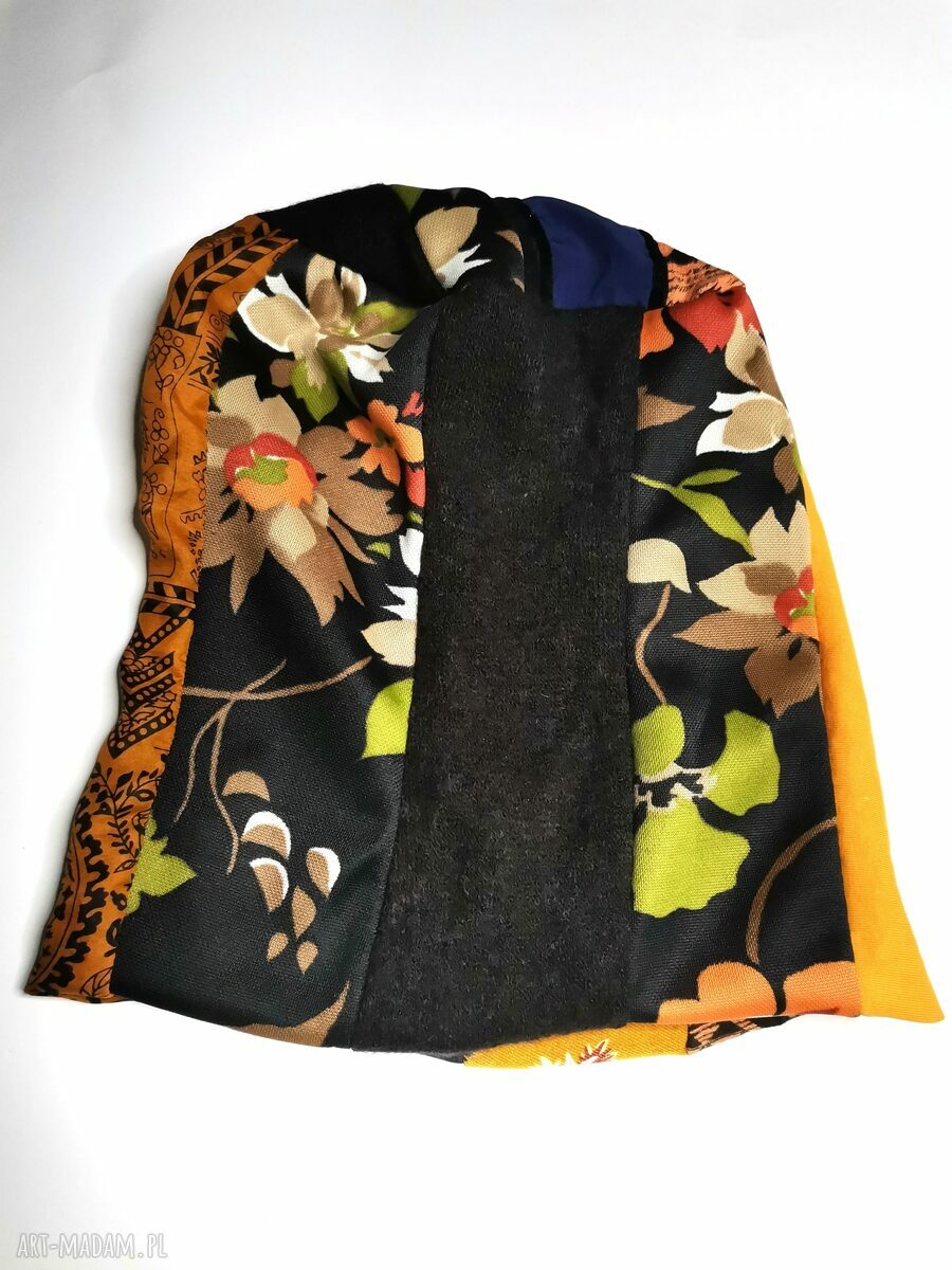 Czapka wiosenna boho folk Frida - patchwork i frędzle (rozmiar uniwersalny)