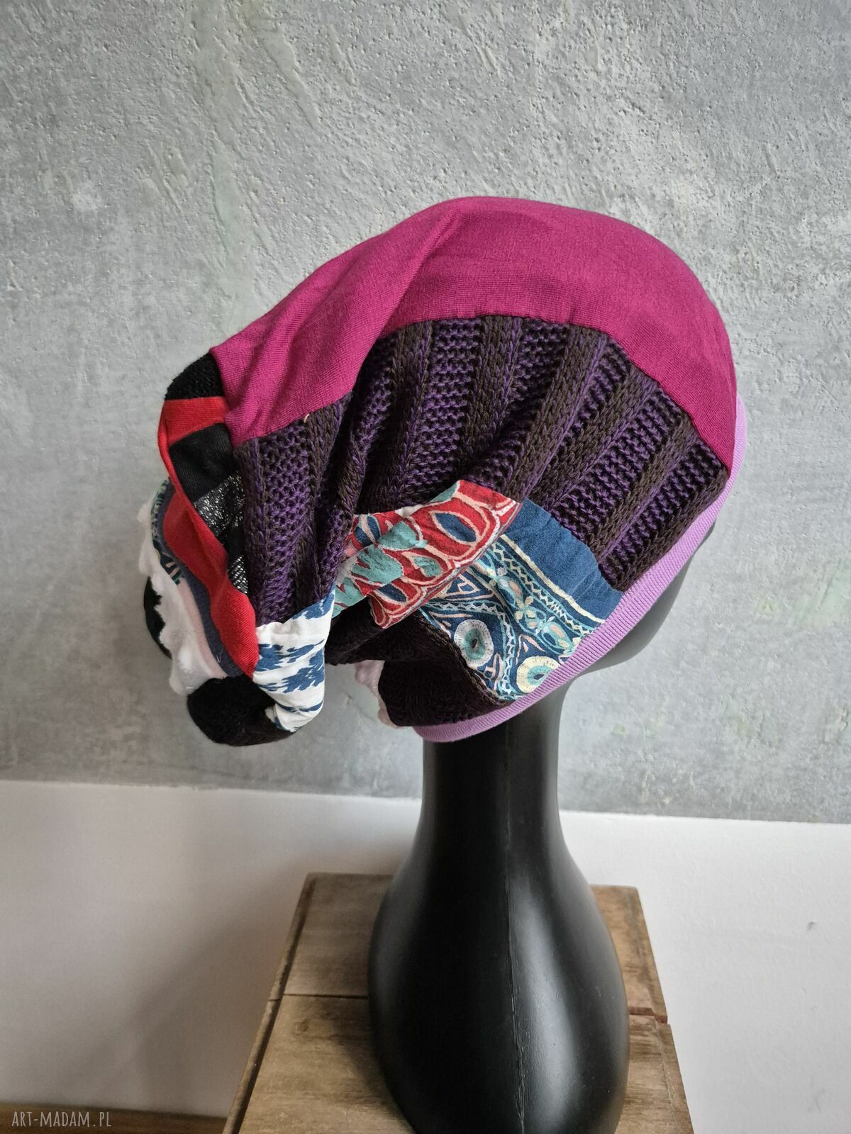 Czapka smerfetka turban boho w kolorze amarant - rozmiar uniwersalny