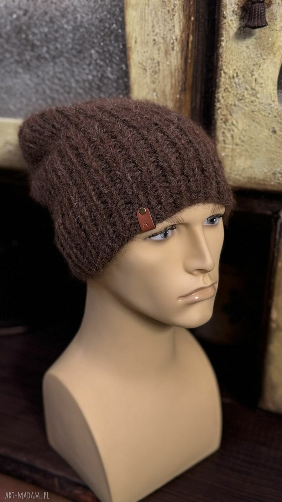 Brązowa czapka slouchy beanie z alpaki, moheru i jedwabiu