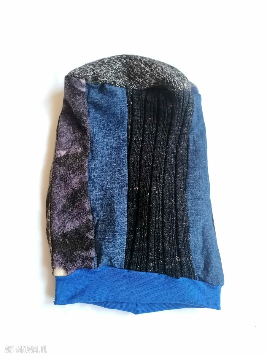 Czapka Smerfetka w niebieskich odcieniach - patchwork na podszewce