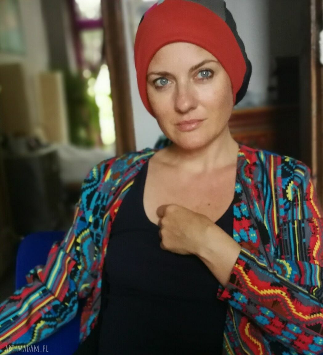 Czapka Smerfetka Etno Boho - długa patchworkowa, uniwersalna na podszewce (Box G1)