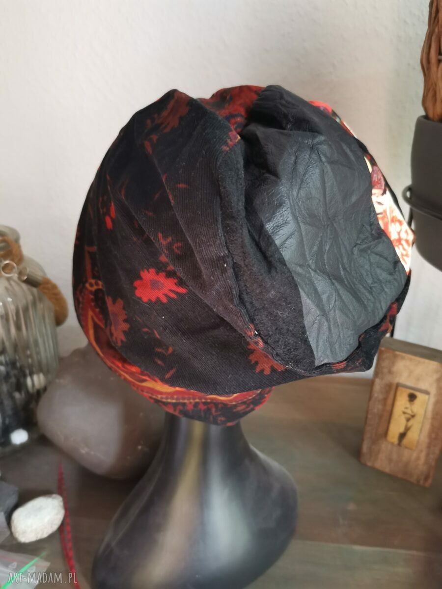 Czapka Smerfetka Patchworkowa 56-57 cm na Podszewce - Folk Boho z Frędzlami