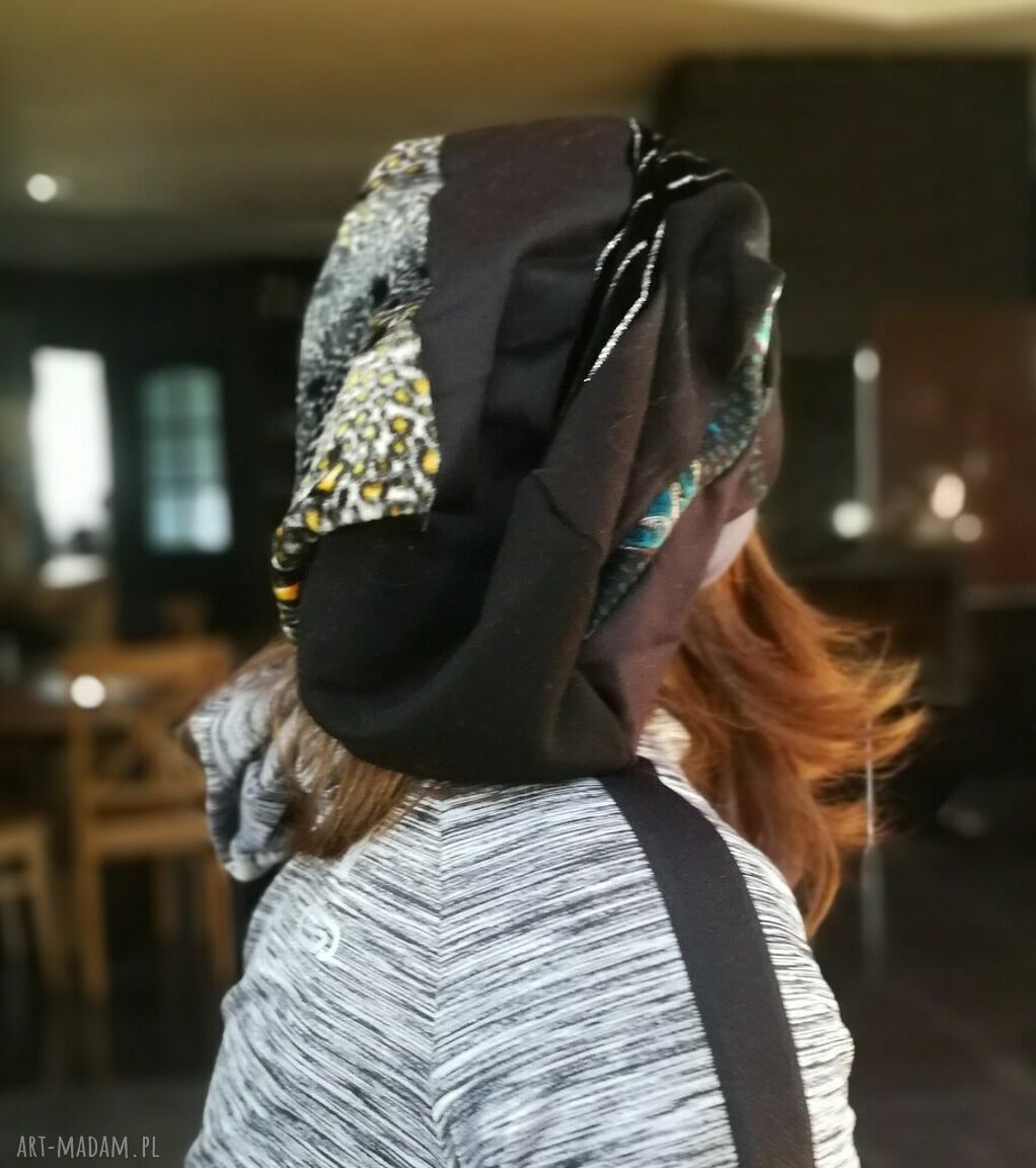 Czapka Smerfetka długa damska w panterkę - patchwork na podszewce