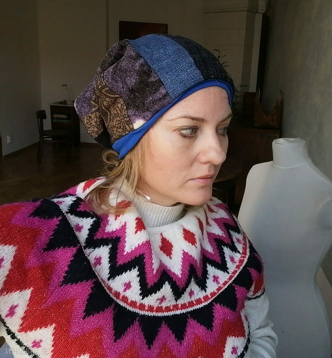 Czapka Smerfetka w niebieskich odcieniach - patchwork na podszewce