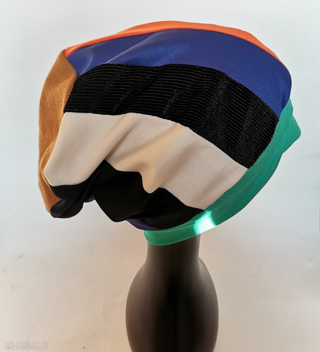 Czapka Smerfetka Etno Boho Folk - turbanowa uniwersalna na podszewce