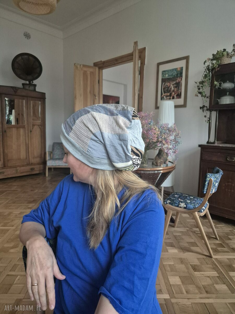 Czapka Smerfetka patchworkowa folk oversize - kolorowa na podszewce, rozmiar uniwersalny