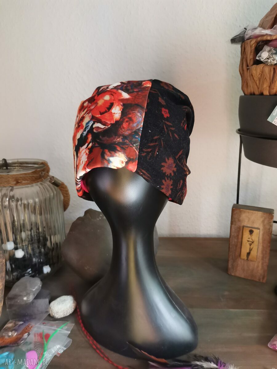 Czapka Smerfetka Patchworkowa 56-57 cm na Podszewce - Folk Boho z Frędzlami