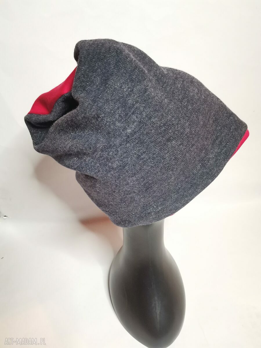 Czapka Smerfetka szaro-czerwona boho unisex - ręcznie robiona
