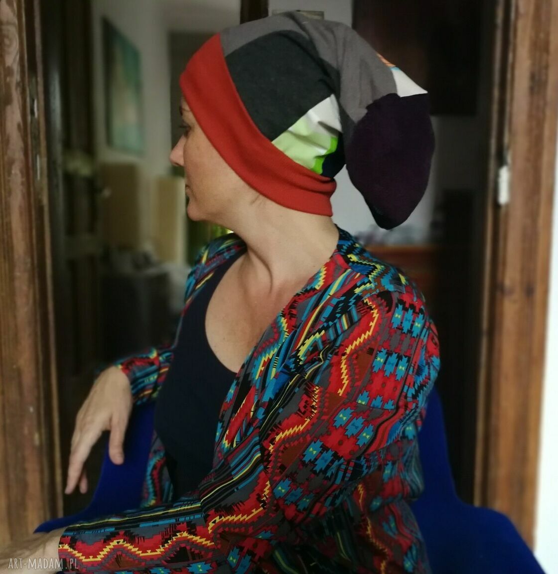Czapka Smerfetka Etno Boho - długa patchworkowa, uniwersalna na podszewce (Box G1)