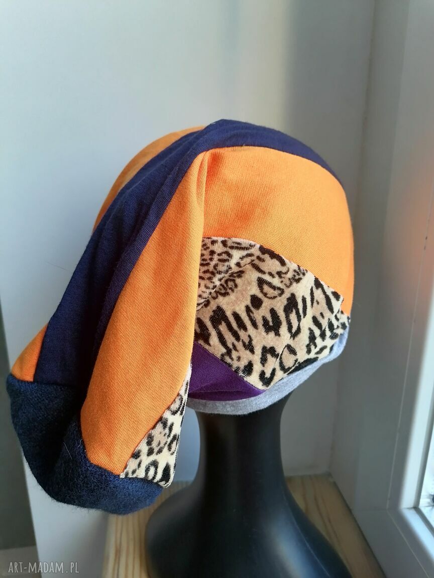 Ruda Klara Frida - czapka Smerfetka patchworkowa boho etno na podszewce