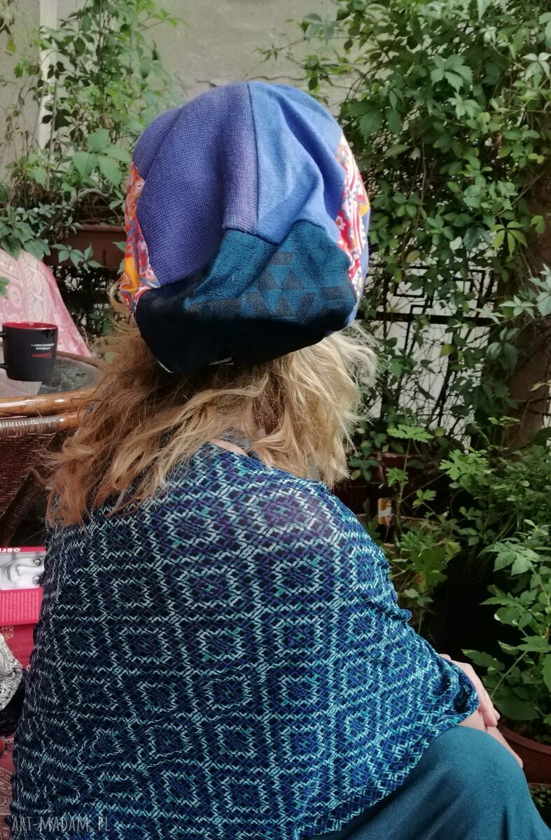 Czapka Smerfetka patchworkowa etno-folk z frędzlami - boho, ręcznie robiona