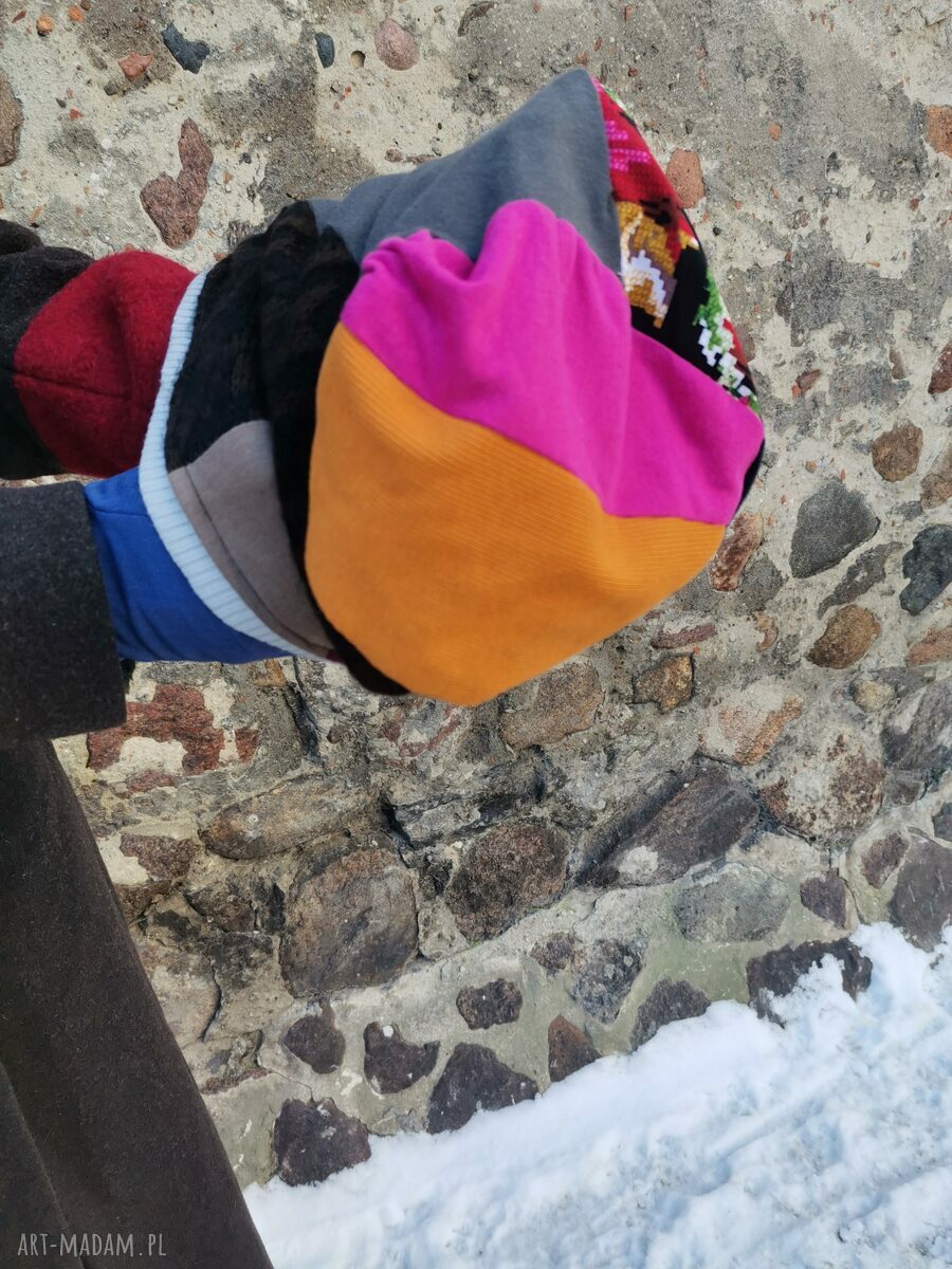 Czapka smerfetka patchworkowa etno boho na podszewce - uniwersalna (Ruda Klara)