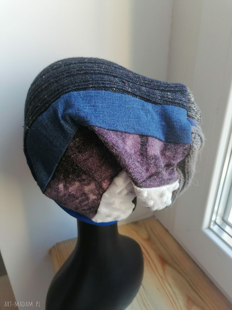 Czapka Smerfetka w niebieskich odcieniach - patchwork na podszewce