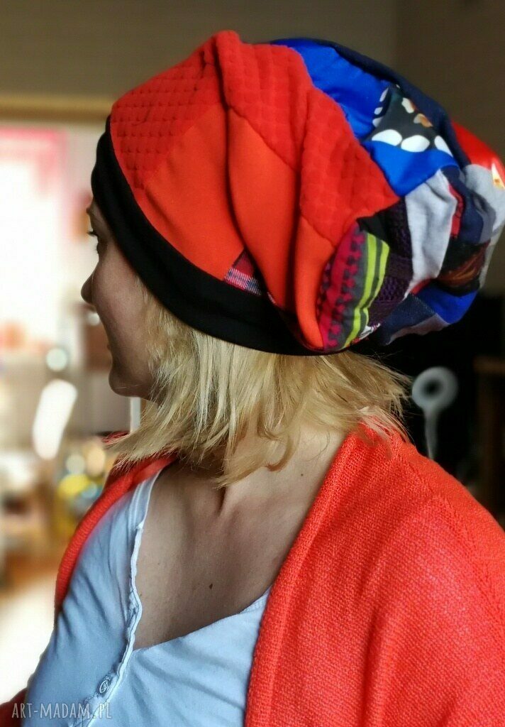 Czapka Smerfetka długa damska patchworkowa na podszewce - handmade (rozmiar uniwersalny)