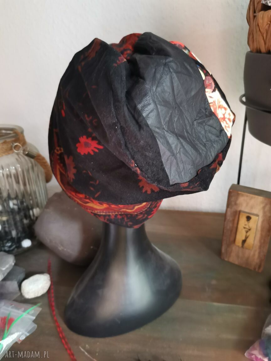 Czapka Smerfetka Patchworkowa 56-57 cm na Podszewce - Folk Boho z Frędzlami
