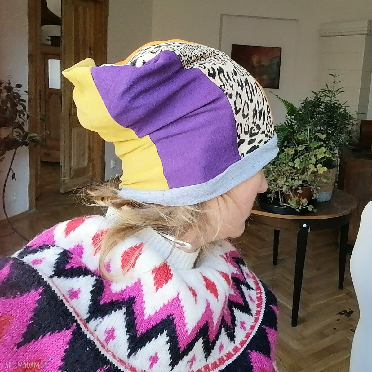 Ruda Klara Frida - czapka Smerfetka patchworkowa boho etno na podszewce