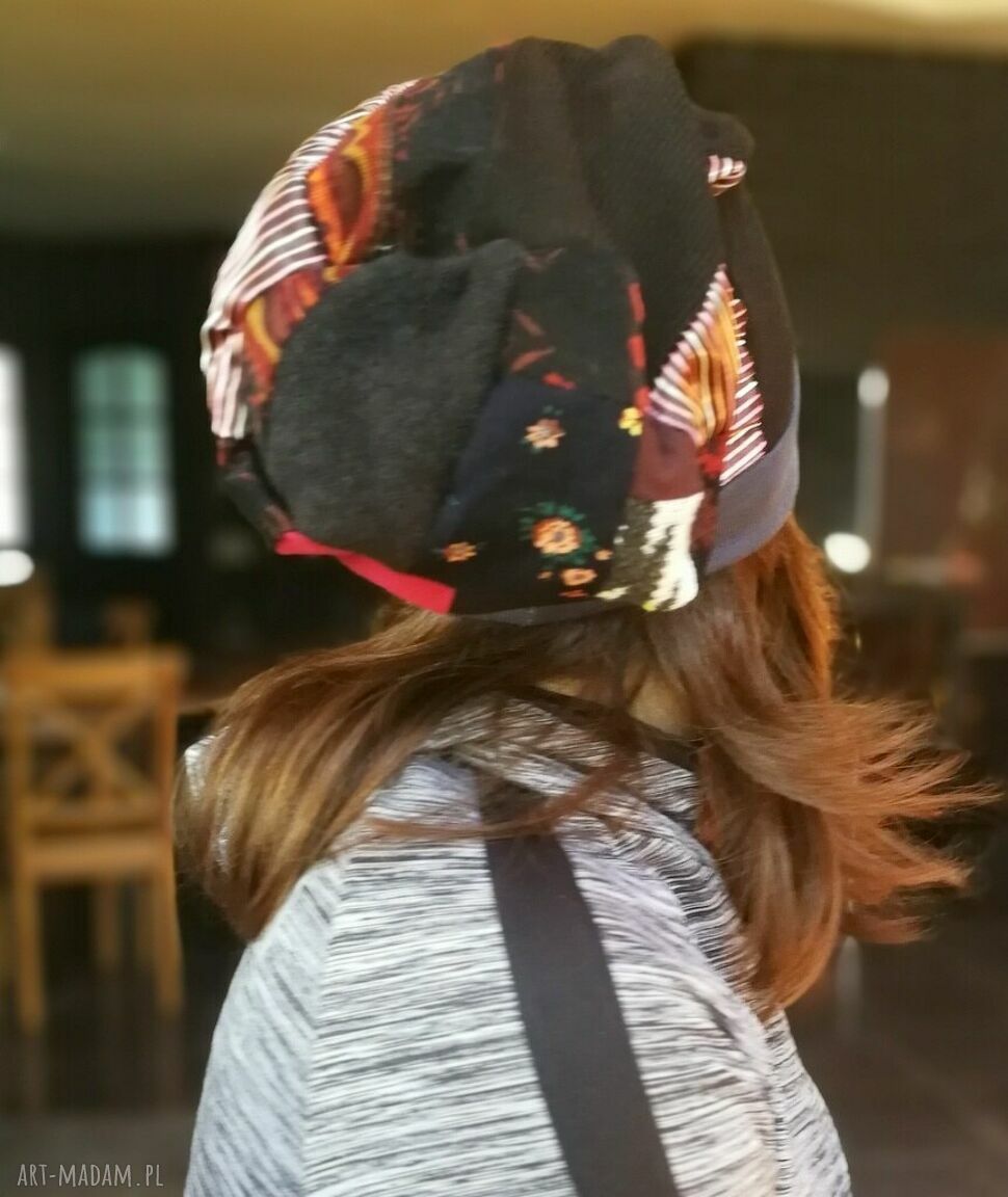 Czapka Smerfetka długa patchworkowa na podszewce z turbanowym efektem