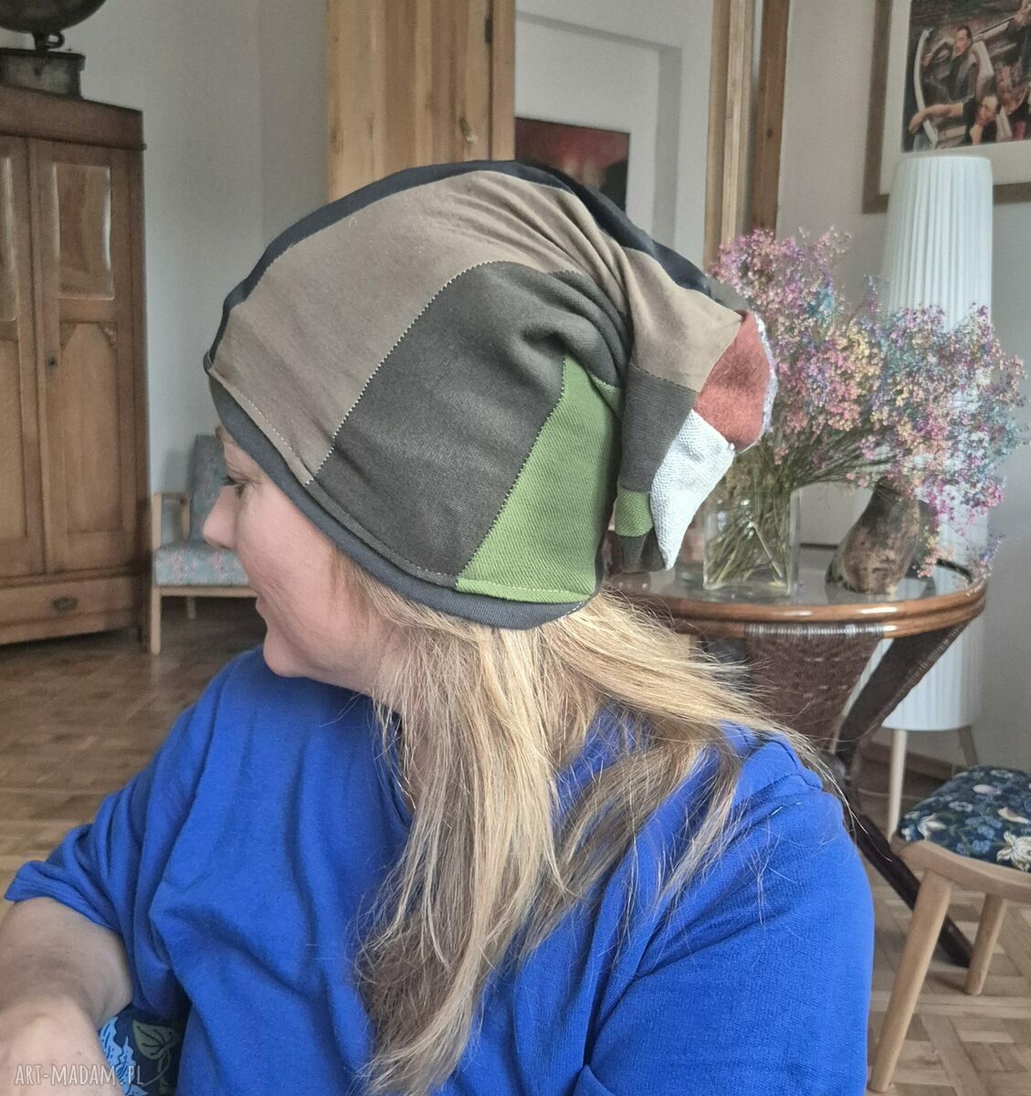 Czapka Smerfetka patchworkowa na podszewce - rozmiar uniwersalny