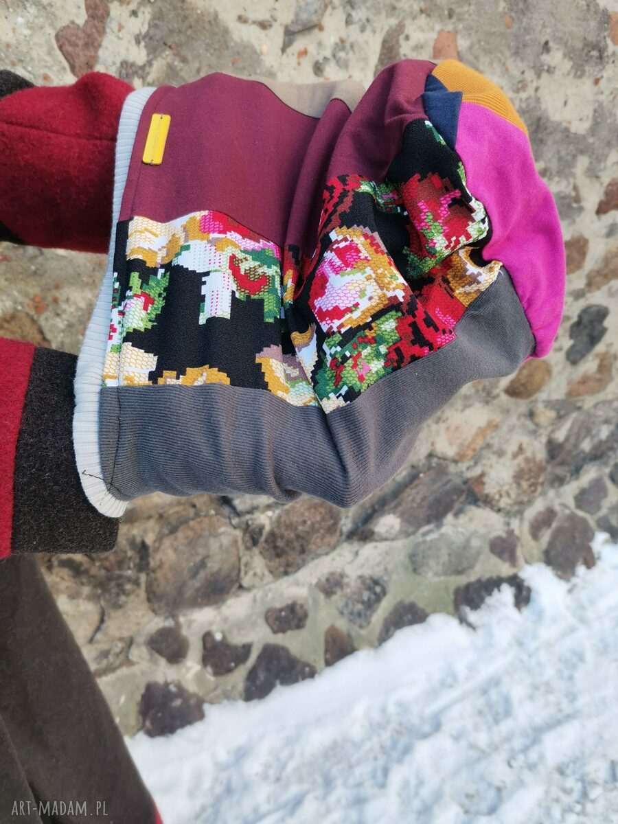 Czapka smerfetka patchworkowa etno boho na podszewce - uniwersalna (Ruda Klara)