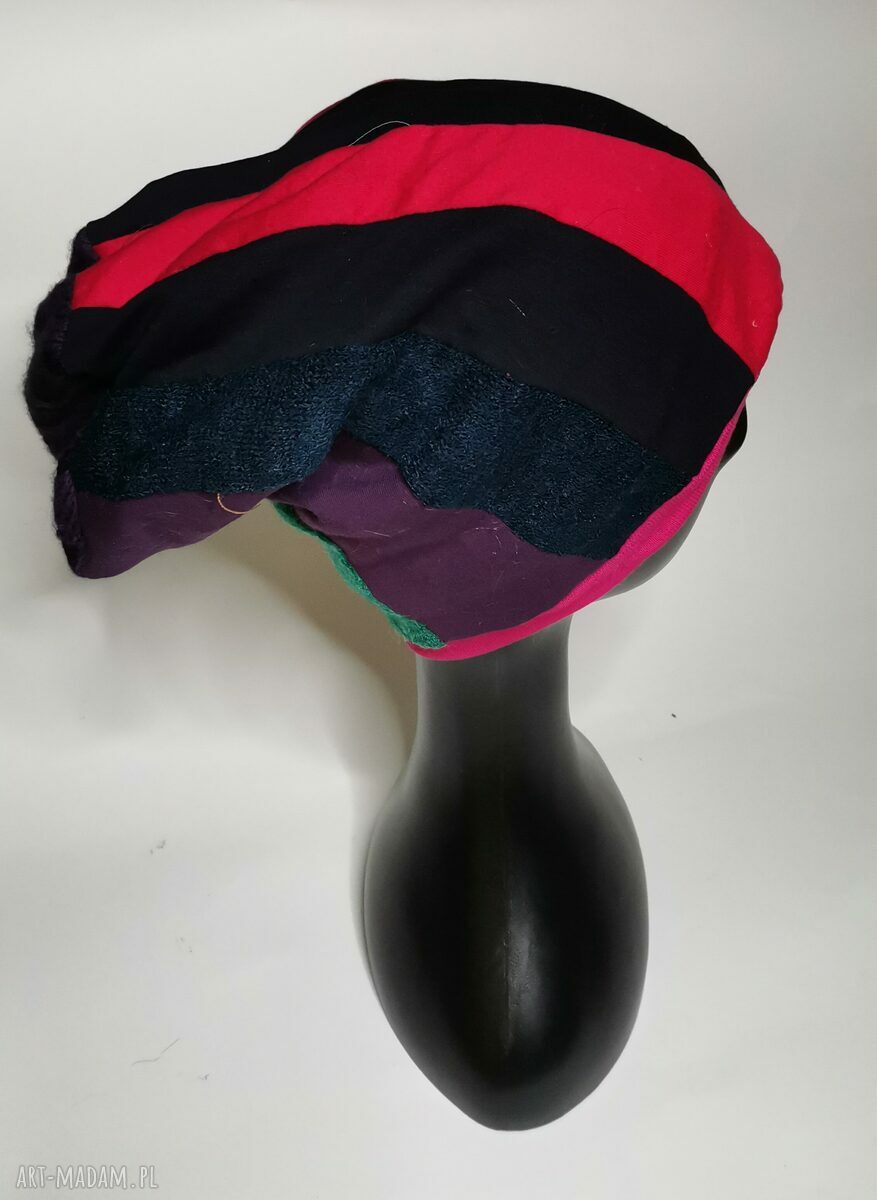Czapka damska Smerfetka patchworkowa w stylu folk - etno boho i turbanowy kształt