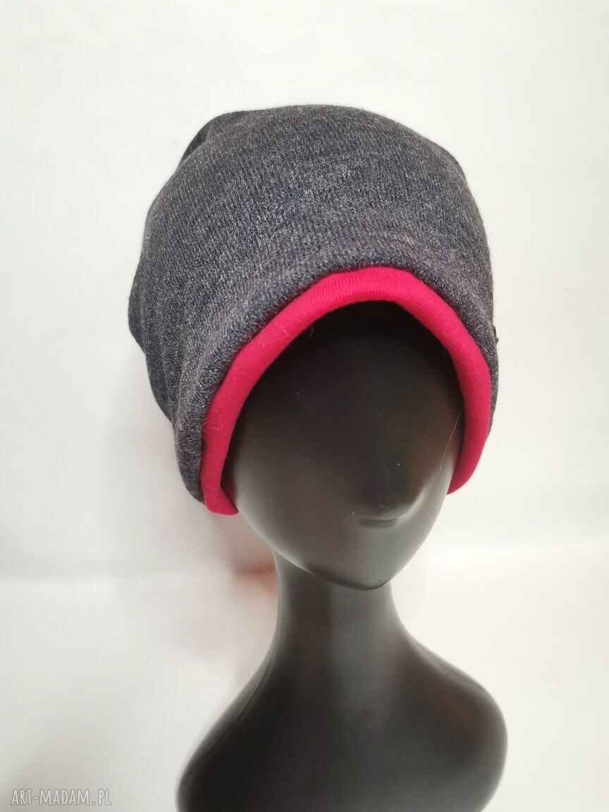 Czapka Smerfetka szaro-czerwona boho unisex - ręcznie robiona