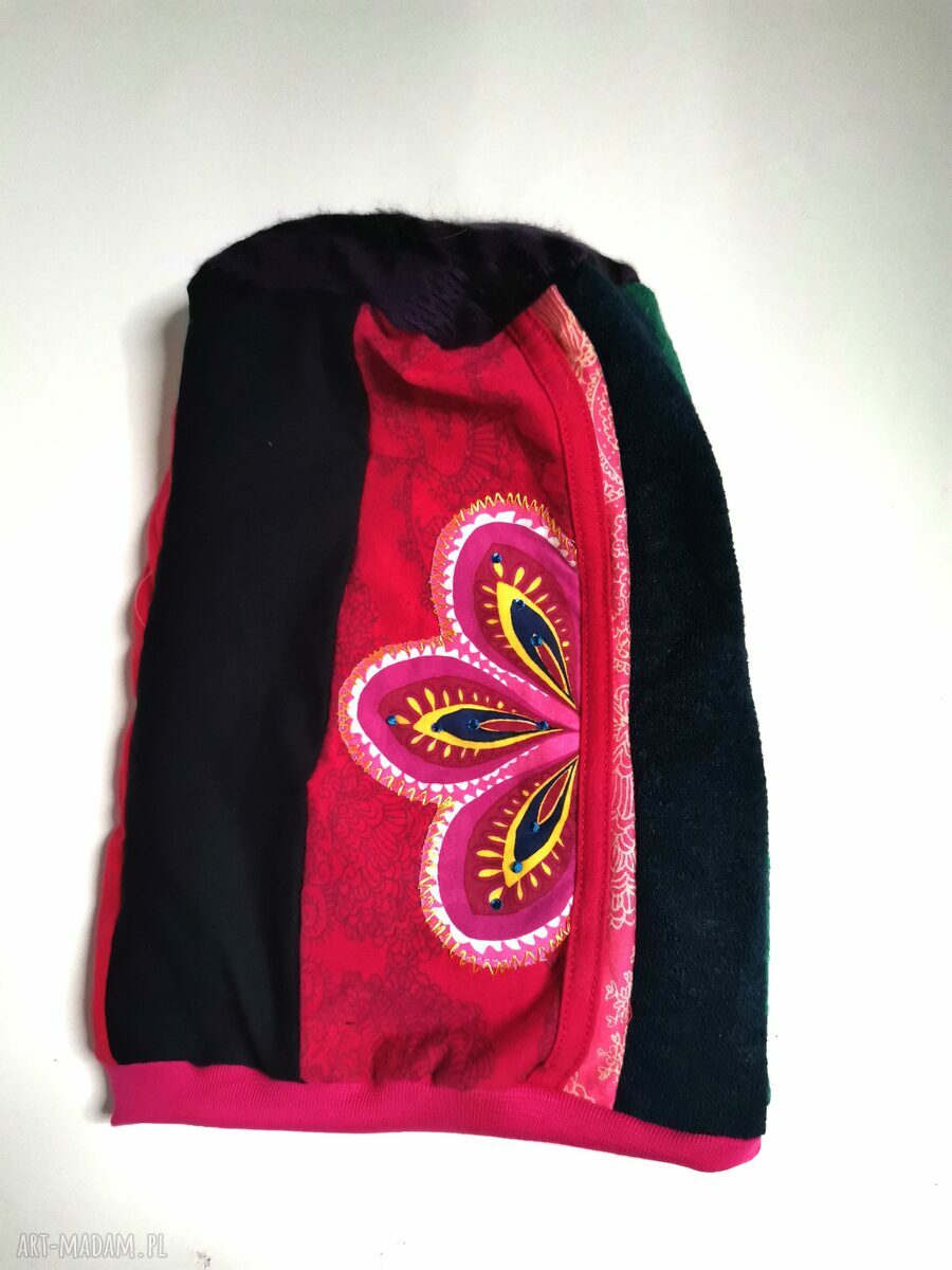 Czapka damska Smerfetka patchworkowa w stylu folk - etno boho i turbanowy kształt