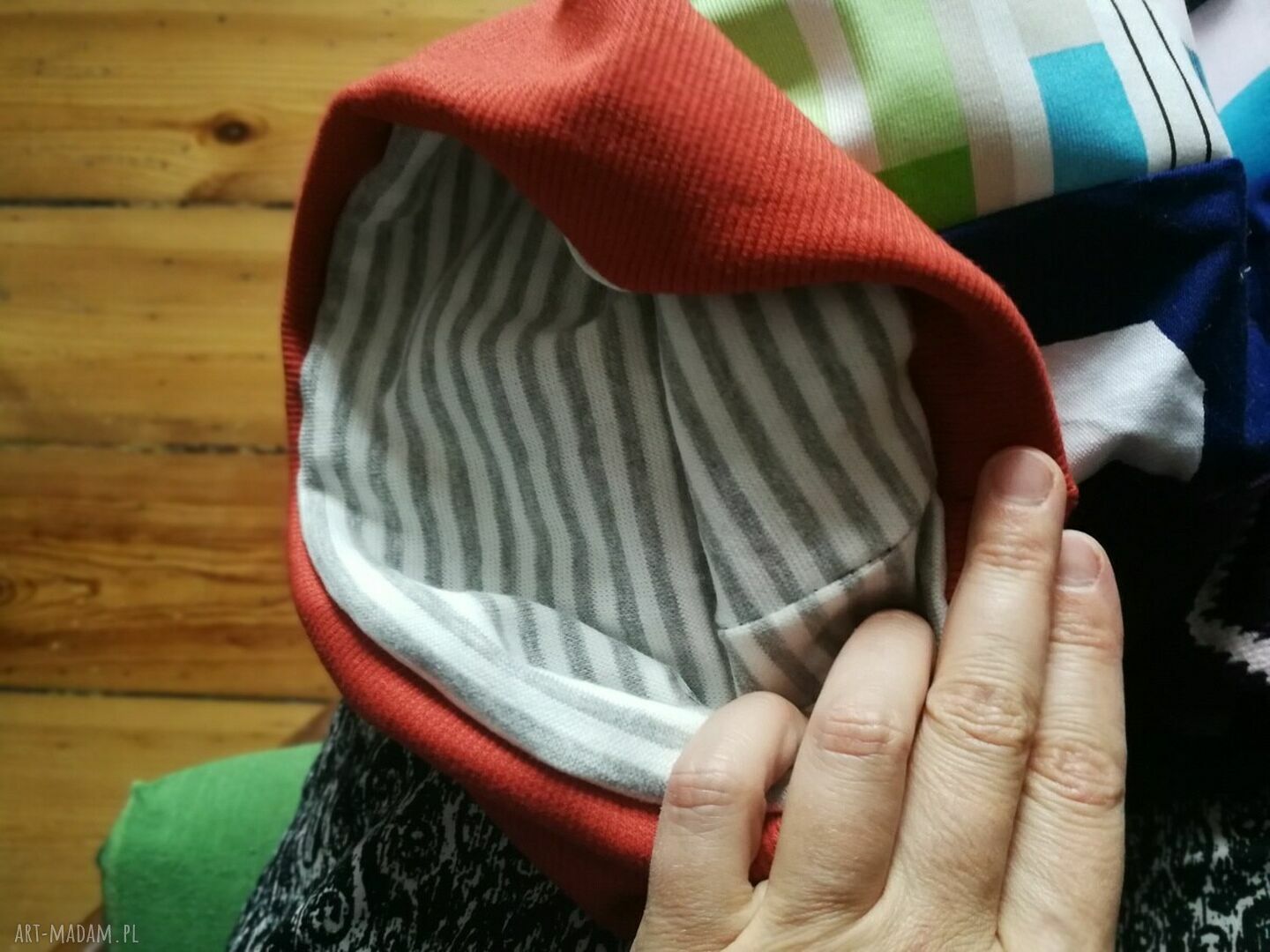 Czapka Smerfetka Etno Boho - długa patchworkowa, uniwersalna na podszewce (Box G1)