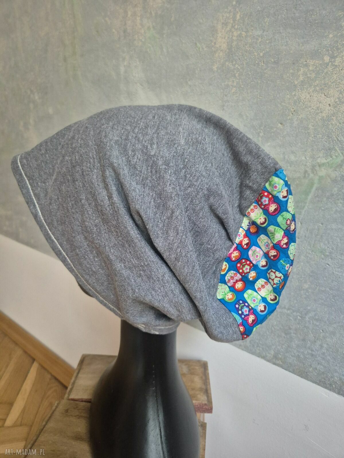 Czapka szara bez podszewki - 58-61 cm i góra w matrioszki