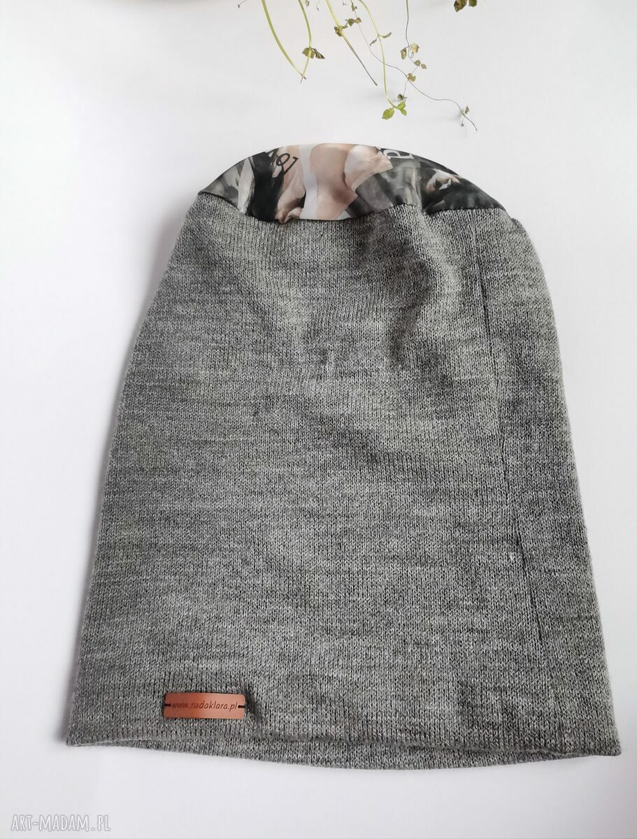 Szara czapka na podszewce Smerfetka Etno - one size 56-59 cm