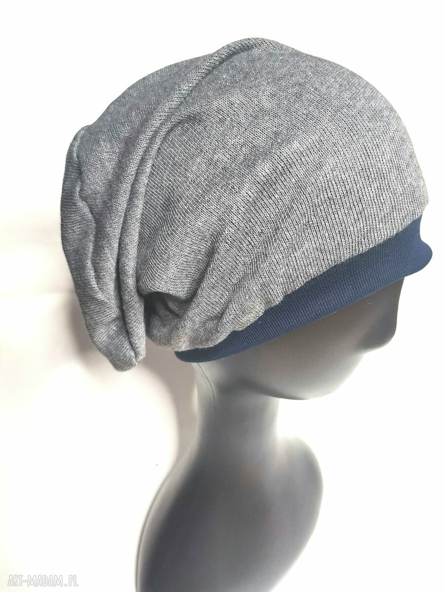 Czapka szara boho na podszewce - ręcznie robiona, one size unisex