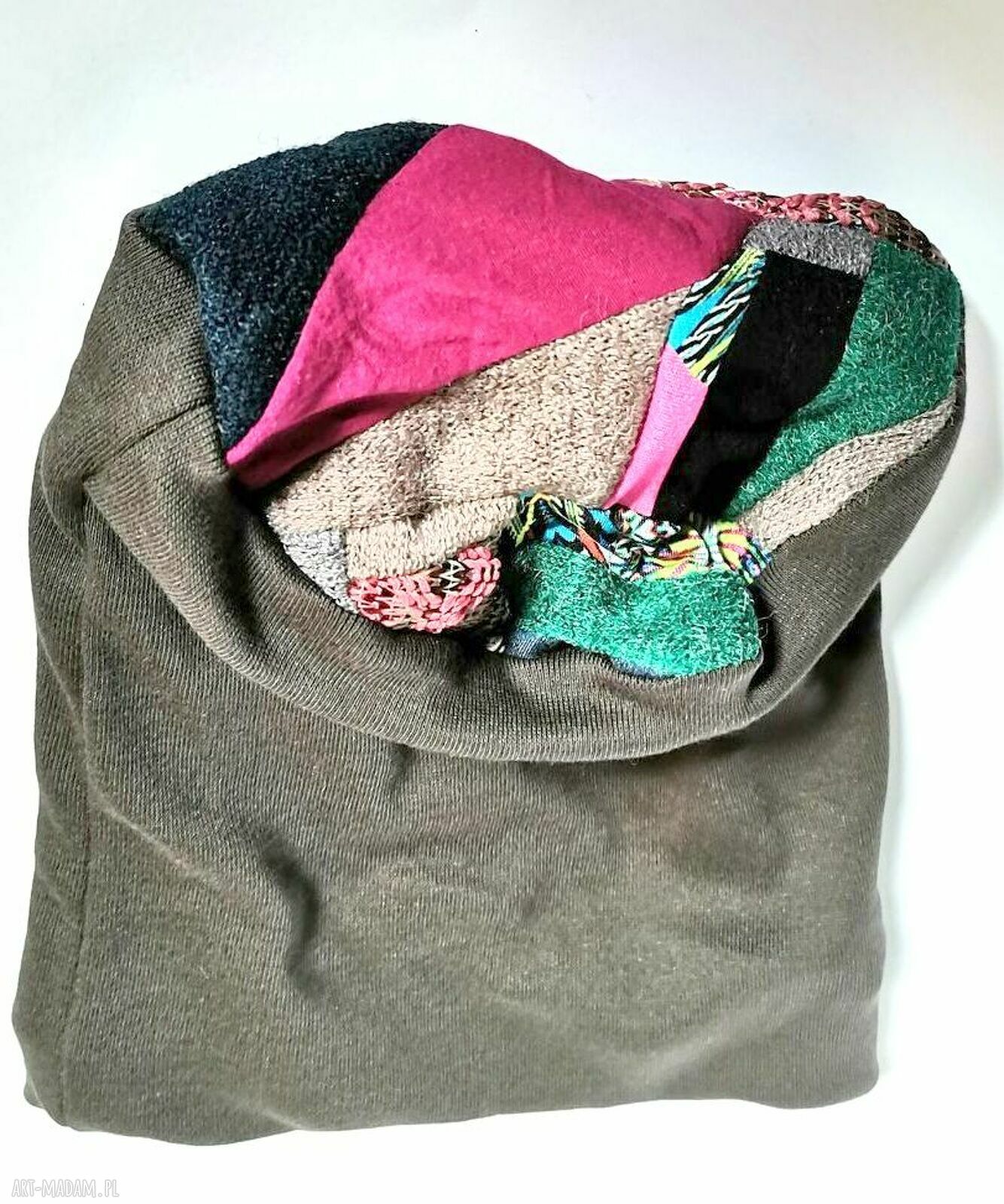 Szara czapka boho FRIDA rower z patchworkiem i podszewką