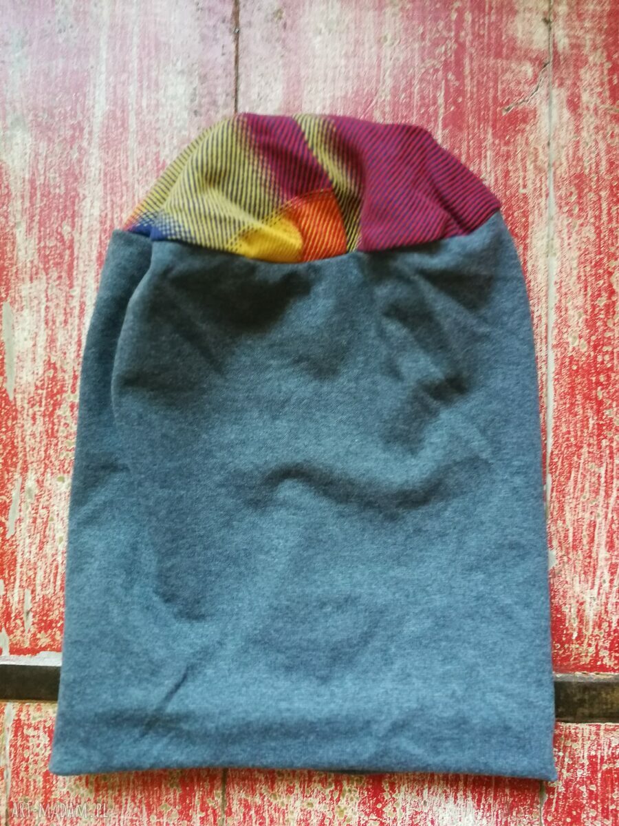 Szara czapka smerfetka bez podszewki z kolorową kratką - boho etno (unisex)