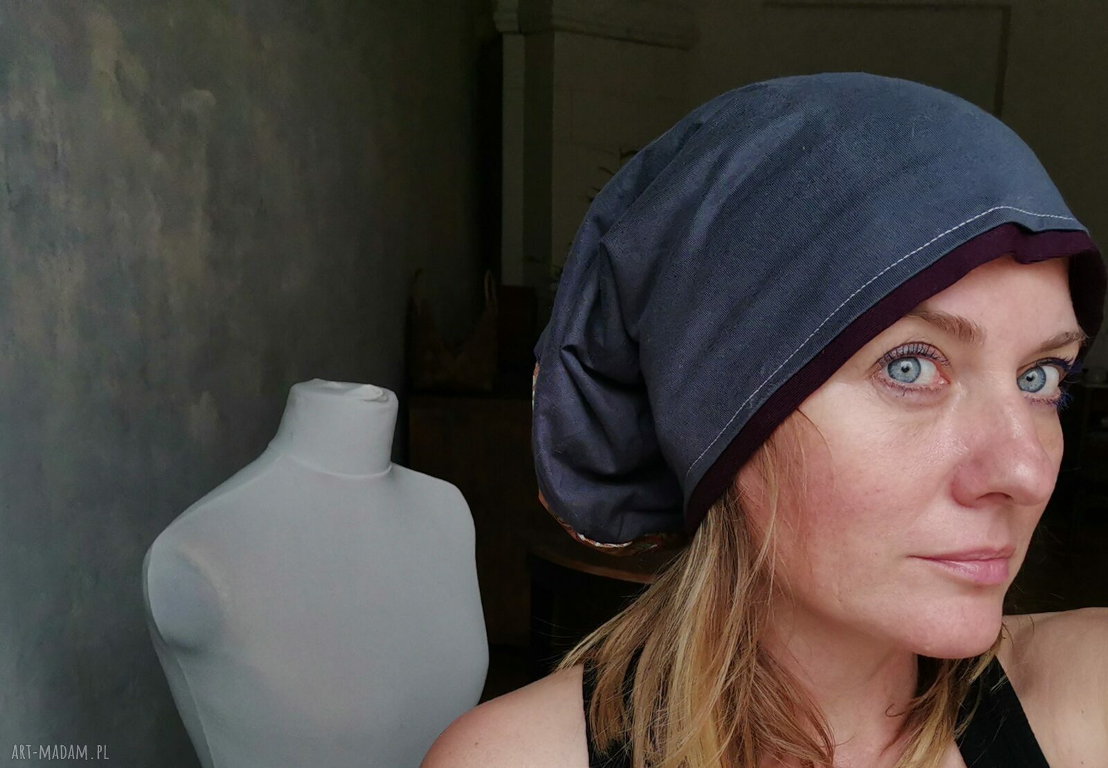 Szara czapka turban Smerfetka na co dzień - handmade, rozmiar 58-59 cm