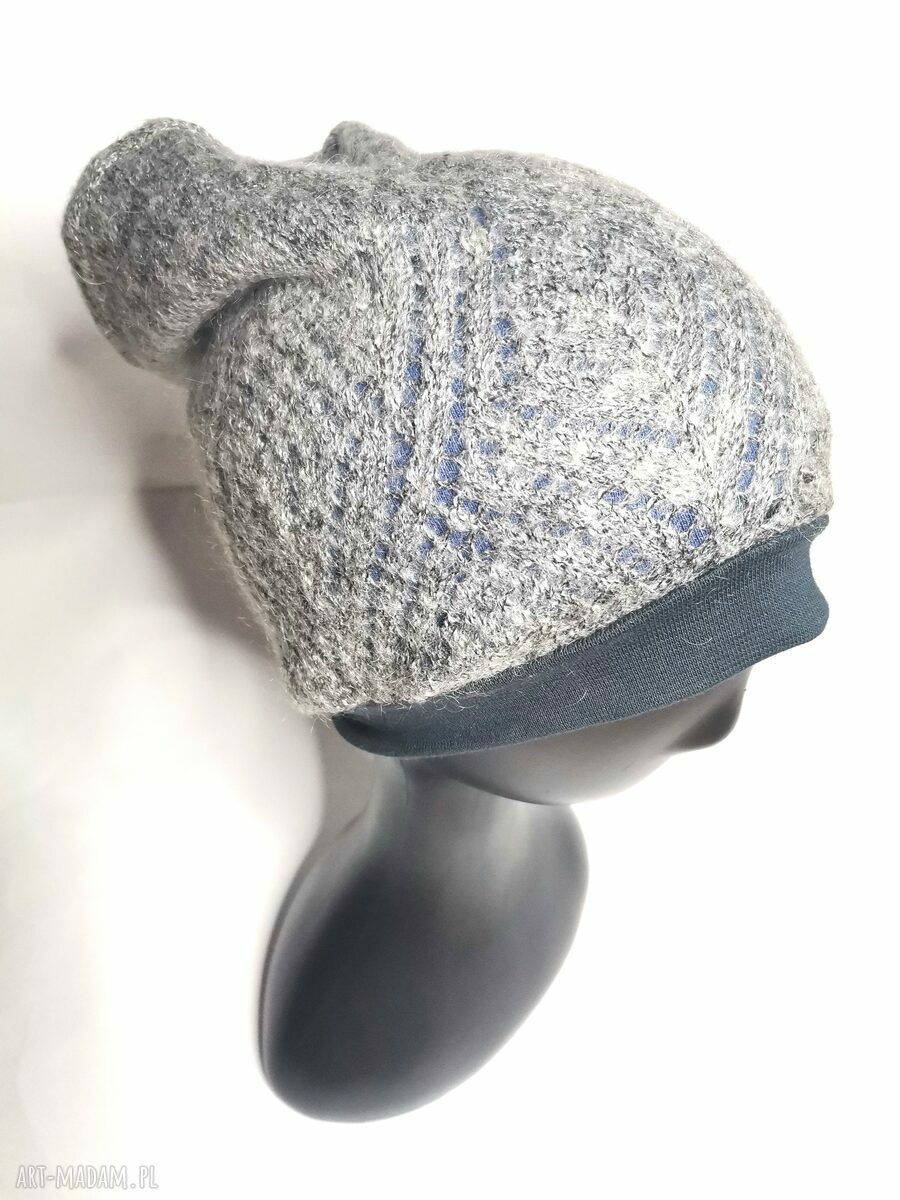 Czapka szara damska na podszewce - folk boho, one size (ręcznie robiona)