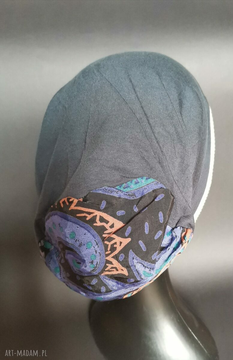Szara czapka przejściówka w stylu folk - handmade, rozmiar uniwersalny