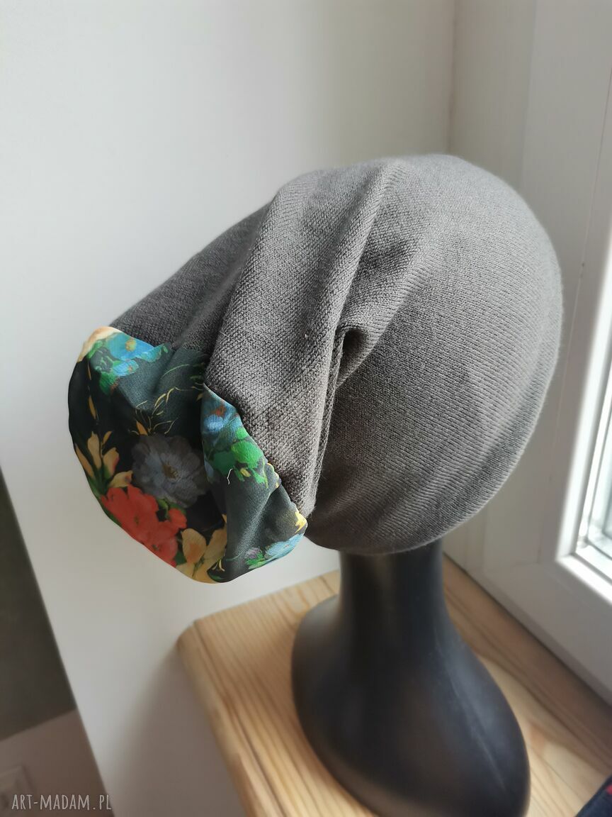 Szara czapka Smerfetka Boho Etno Frida na podszewce - handmade