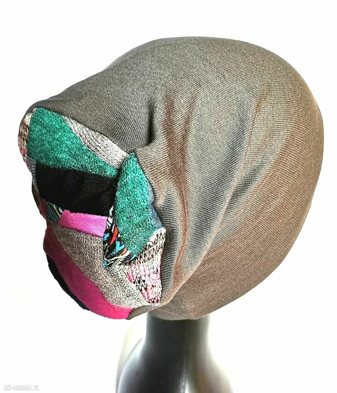 Szara czapka boho FRIDA rower z patchworkiem i podszewką