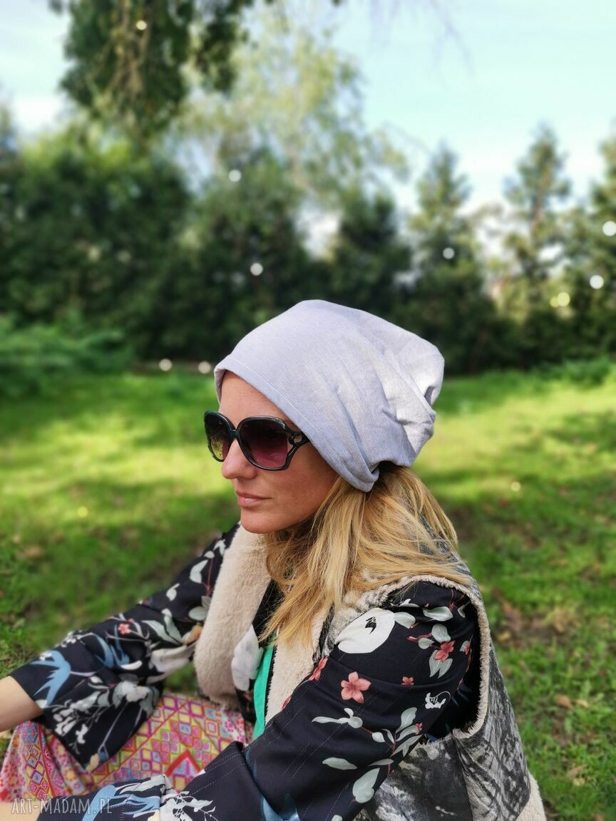 Szara czapka "Góra" patchworkowa bez podszewki - na dredy i bujną fryzurę