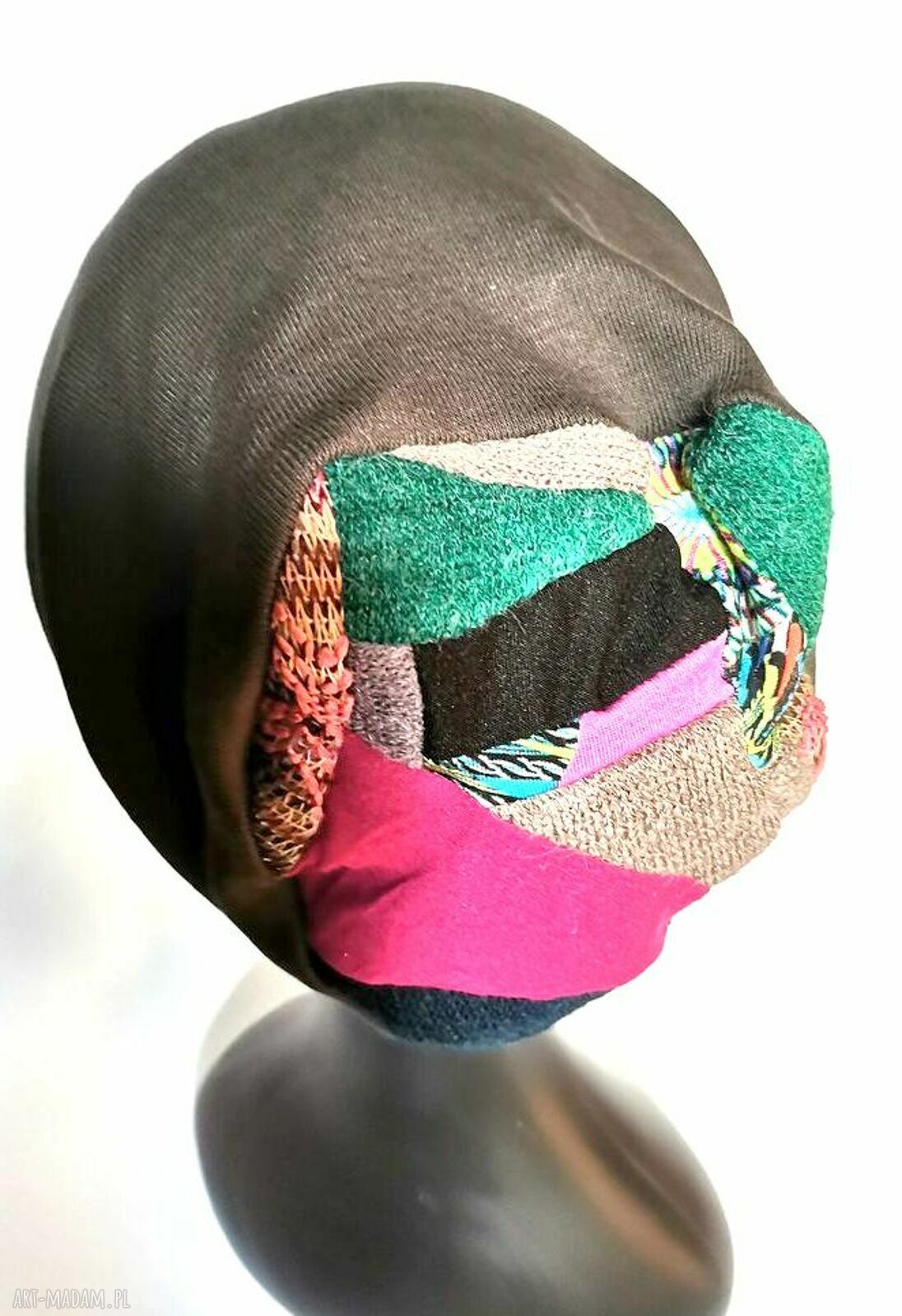 Szara czapka boho FRIDA rower z patchworkiem i podszewką