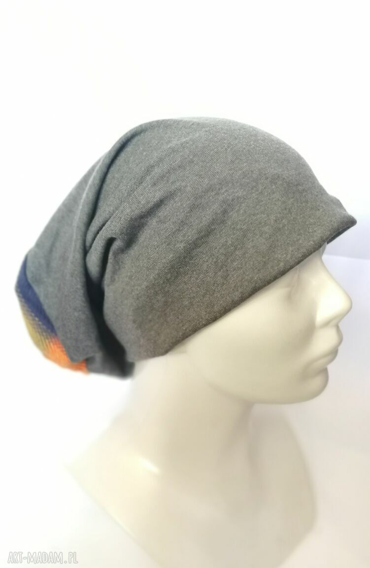 Szara czapka smerfetka bez podszewki z kolorową kratką - boho etno (unisex)