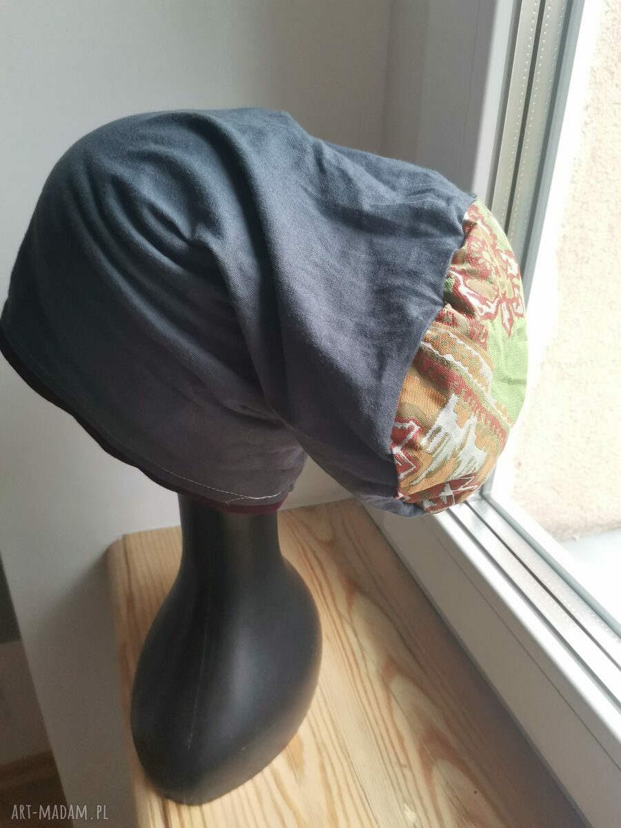 Szara czapka turban Smerfetka na co dzień - handmade, rozmiar 58-59 cm