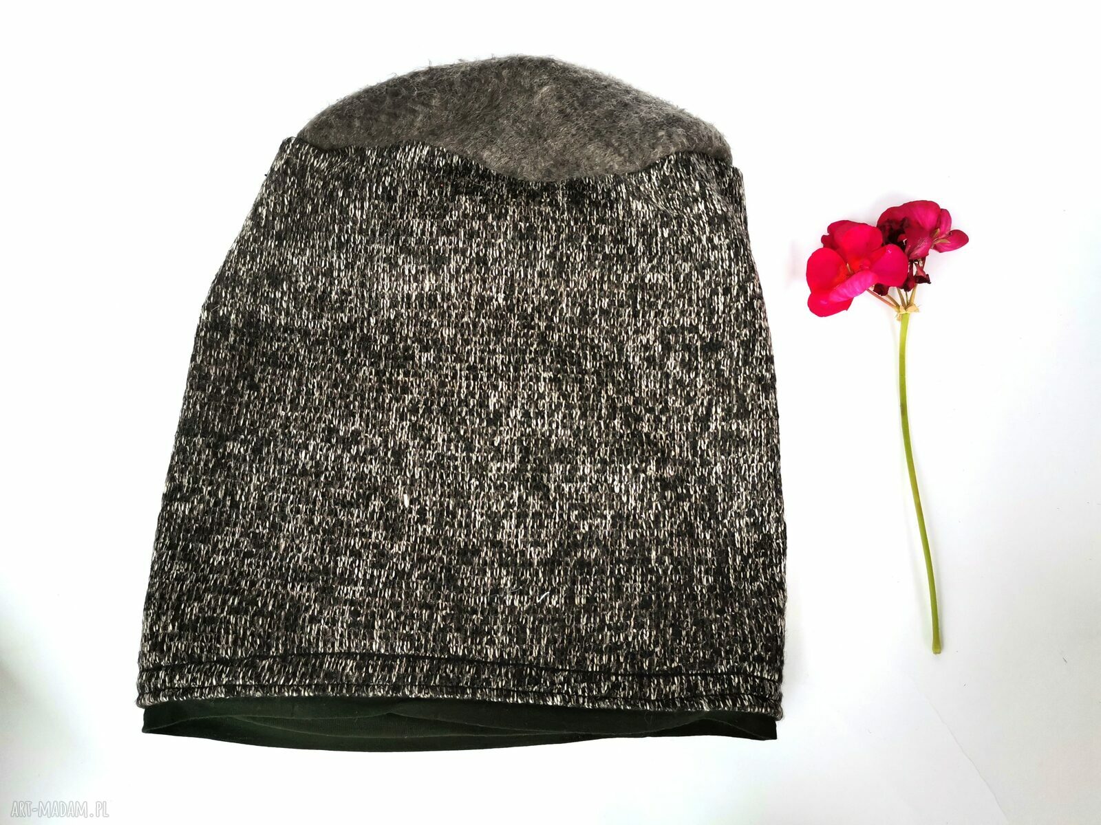 Czapka szara melange z podszewką - obwód 58-59 cm, kolory ziemi