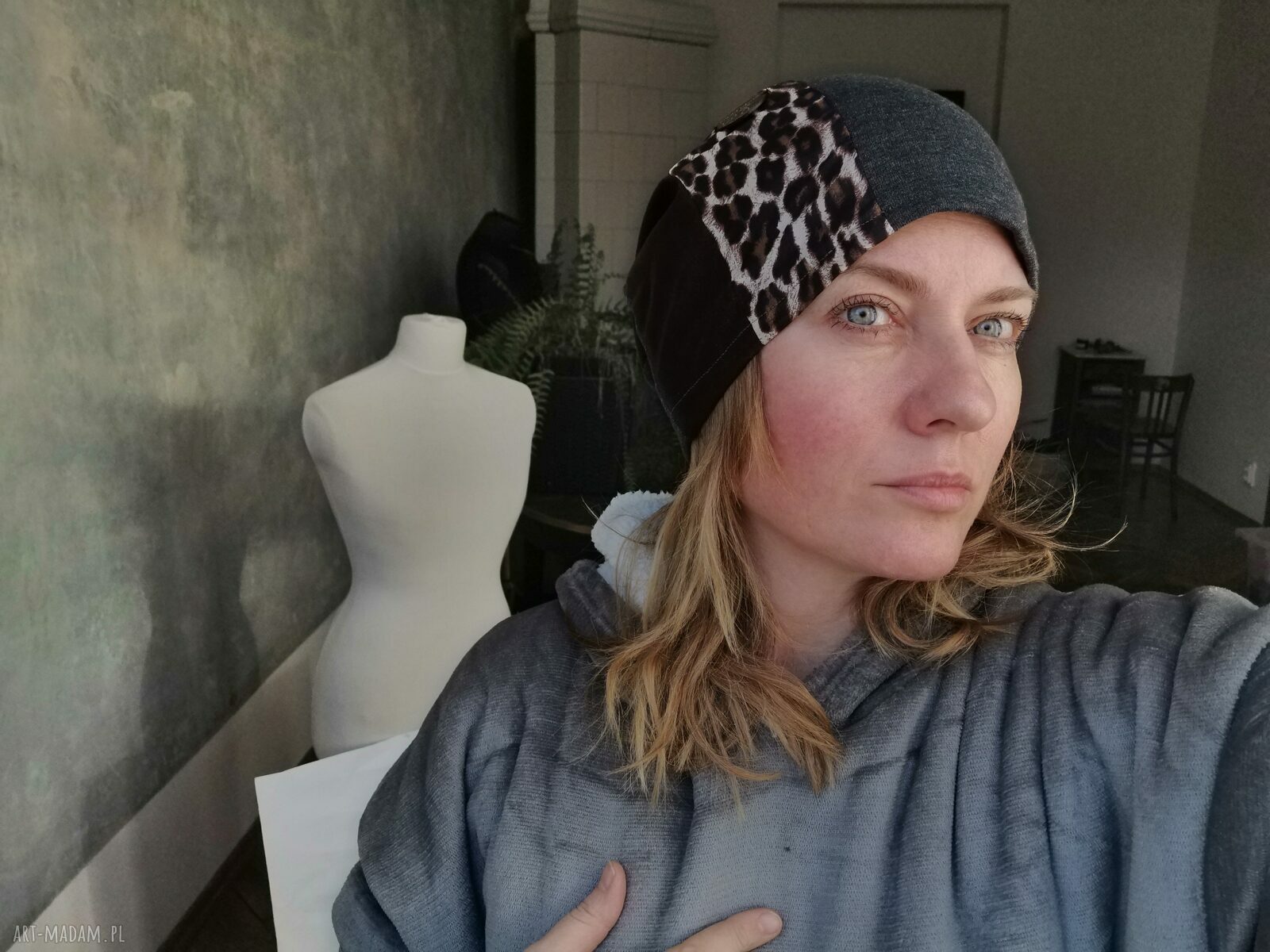 Szara smerfetka z panterką na podszewce - folk etno, handmade