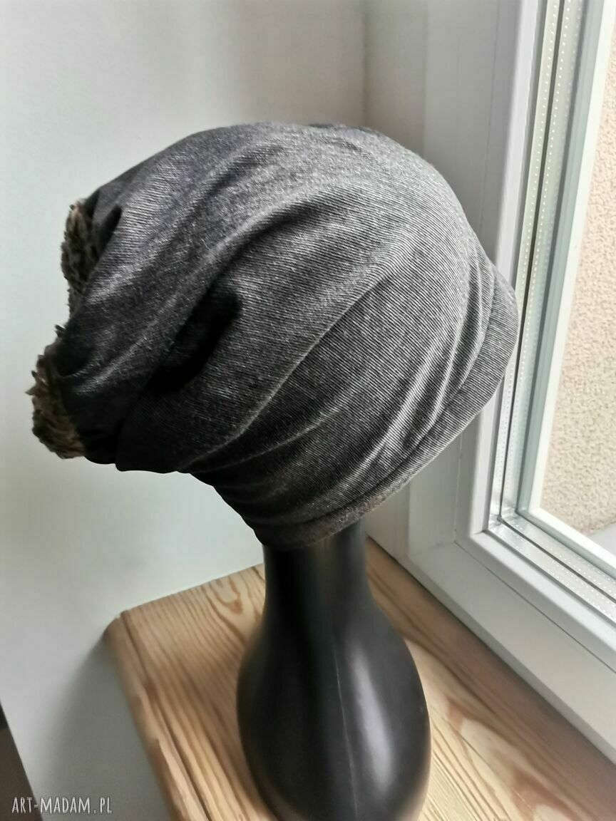 Szara czapka „Smerfetka” na podszewce - ręcznie robiona (57-58 cm)